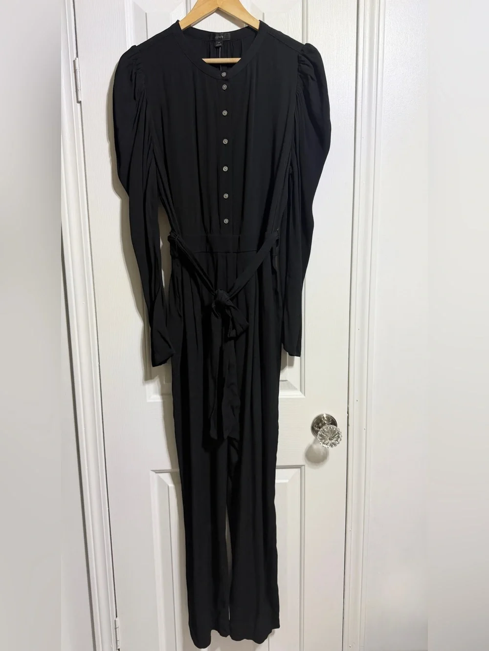 NWT J. CREW Women’s Drapery Puff-Sleeve Jumpsuit Black tie belt size 14